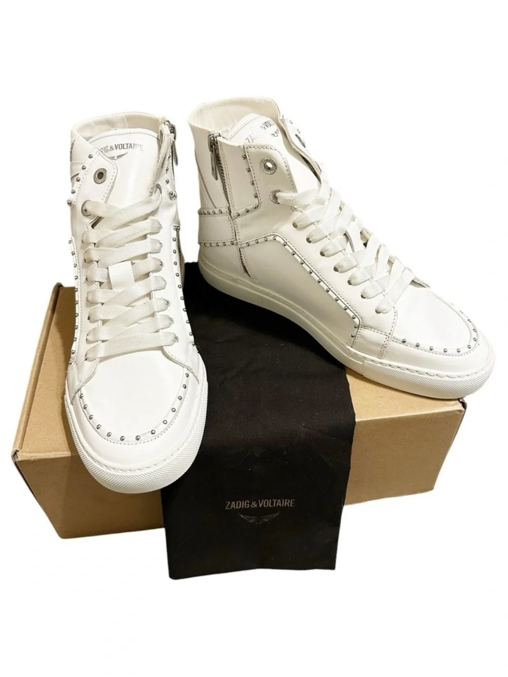 NIB ZADIG & VOLTAIRE High Flash Sneaker Studded High Top White Leather 41 US 10